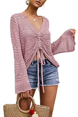Saodimallsu Damen Pullover Flowy Oversized Langarm Frühling Sommer Strickpullover V-Ausschnitt Crochet Sexy Tops Pink von Saodimallsu