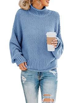 Saodimallsu Damen Pullover Oversize Rollkragen Knitted Sweater Fledermaus Langarm Loser Grobstrick Strickpullover Blau L von Saodimallsu