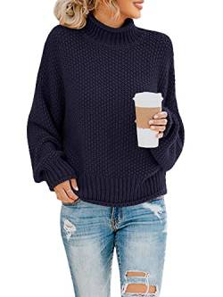 Saodimallsu Damen Rollkragen Oversized Pullover Fledermaus Langarm Sweater Loser Grobstrick Strickpullover (Mittel, Navy) von Saodimallsu