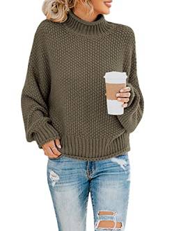 Saodimallsu Damen Rollkragen Oversized Pullover Fledermaus Langarm Sweater Loser Grobstrick Strickpullover (X-Large, Army Green) von Saodimallsu