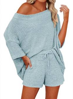 Saodimallsu Damen Schlafanzug Pyjama Lounge Set Strick Nachtwäsche Wear Zweiteiler Women Hausanzug Sets Weich Schlafanzüge Frauen Blau L von Saodimallsu