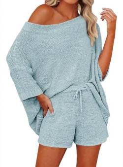 Saodimallsu Damen Schlafanzug Pyjama Lounge Set Strick Nachtwäsche Wear Zweiteiler Women Hausanzug Sets Weich Schlafanzüge Frauen Blau S von Saodimallsu