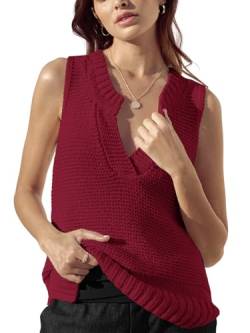 Saodimallsu Damen Sommer Ärmellose Tops V-Ausschnitt Elegant Pullover Tank Top Casual Leichter Strickpullover Rot Groß von Saodimallsu