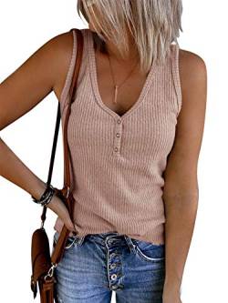 Saodimallsu Damen Tank Tops mit V-Ausschnitt Sommer Gerippte Ärmellose Henley Bluse Beiläufige Lose Geknöpfte Cami Strick T-Shirts Rosa S von Saodimallsu