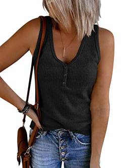 Saodimallsu Damen Tank Tops mit V-Ausschnitt Sommer Gerippte Ärmellose Henley Bluse Beiläufige Lose Geknöpfte Cami Strick T-Shirts Schwarz L von Saodimallsu