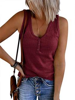 Saodimallsu Damen Tank Tops mit V-Ausschnitt Sommer Gerippte Ärmellose Henley Bluse Beiläufige Lose Geknöpfte Cami Strick T-Shirts Weinrot L von Saodimallsu