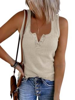 Saodimallsu Damen Tank Tops mit V-Ausschnitt Sommer Gerippte Ärmellose Henley Bluse Beiläufige Lose Geknöpfte Cami Strick T-Shirts Z1 Beige S von Saodimallsu