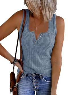 Saodimallsu Damen Tank Tops mit V-Ausschnitt Sommer Gerippte Ärmellose Henley Bluse Beiläufige Lose Geknöpfte Cami Strick T-Shirts Z1 Blau L von Saodimallsu