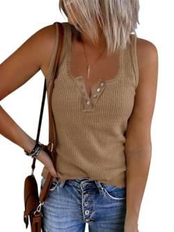 Saodimallsu Damen Tank Tops mit V-Ausschnitt Sommer Gerippte Ärmellose Henley Bluse Beiläufige Lose Geknöpfte Cami Strick T-Shirts Z1 Dunkelkhaki L von Saodimallsu