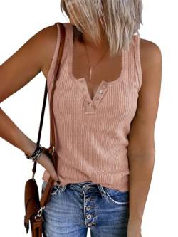 Saodimallsu Damen Tank Tops mit V-Ausschnitt Sommer Gerippte Ärmellose Henley Bluse Beiläufige Lose Geknöpfte Cami Strick T-Shirts Z1 Rosa L von Saodimallsu