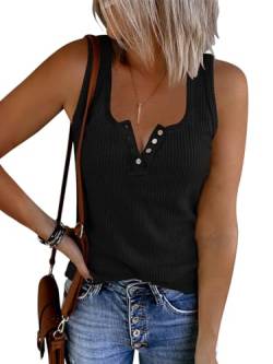 Saodimallsu Damen Tank Tops mit V-Ausschnitt Sommer Gerippte Ärmellose Henley Bluse Beiläufige Lose Geknöpfte Cami Strick T-Shirts Z1 Schwarz S von Saodimallsu