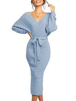 Saodimallsu Damen V-Ausschnitt Pullover Fledermausflügel Elegant Pulloverkleid Schlitz Offener Rücken Figurbetontes Kleid mit Gürtel Blau X-Groß von Saodimallsu