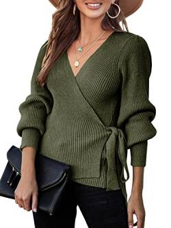 Saodimallsu Damen V-Ausschnitt Pullover Übergröße Herbst Wrap Fledermaus Langarm Sweatshirt Gerippte Krawatte Taille Strickpullover Army Green X-Groß von Saodimallsu