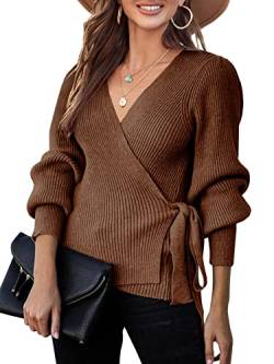 Saodimallsu Damen V-Ausschnitt Pullover Übergröße Herbst Wrap Fledermaus Langarm Sweatshirt Gerippte Krawatte Taille Strickpullover Braun Groß von Saodimallsu