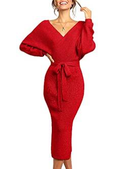 Saodimallsu Damen V-Ausschnitt Pulloverkleid Strickkleid Langarm Pullover Schlitz Offener Rücken Figurbetontes Kleid mit Gürtel für Herbst Winter Tiefrot Groß von Saodimallsu