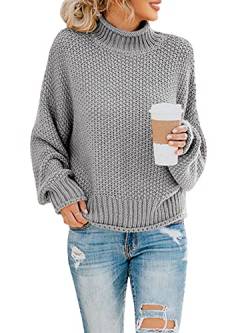 Saodimallsu Female Strickpullover Rollkragen Oversized Pullover Fledermaus Langarm Loser Grobstrick Sweater Grau Groß von Saodimallsu