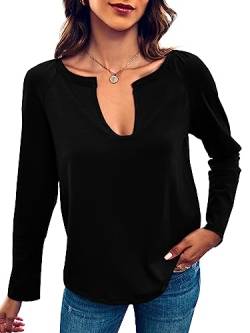 Saodimallsu Frauen Oversized Langarmshirt Tiefer V-Ausschnitt Oberteile Einfarbig Casual Tops Schwarz Klein von Saodimallsu