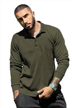 Saodimallsu Herren Langarm Henley Shirt mit Knopfleiste New Kent Kragen Casual Langarmshirt Schlanke Passform Geripptes T-Shirt Armeegrün Groß von Saodimallsu