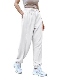 Saodimallsu Hosen Damen Hoch Elastische Kordelzug Taille Baggy Sportliche Jogger mit Taschen Weiß Groß von Saodimallsu