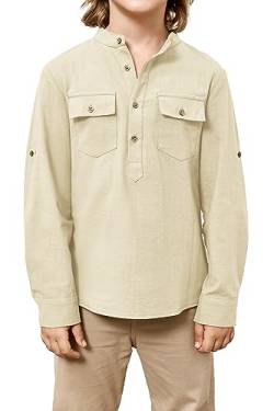 Saodimallsu Jungen Hemd Casual Regular Fit Langarmshirts Leinenhemd Stehkragen Henley Shirt Lightweight Freizeithemden Beige 9-10 Jahre von Saodimallsu