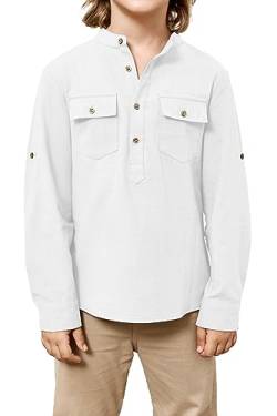 Saodimallsu Jungen Hemd Casual Regular Fit Langarmshirts Leinenhemd Stehkragen Henley Shirt Lightweight Freizeithemden Weiß 9-10 Jahre von Saodimallsu