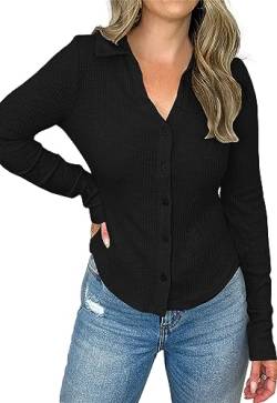 Saodimallsu Langarmshirts für Damen Rippen Strick Tops mit Knöpfen V-Ausschnitt Slim Fitted Oberteile Schwarz Klein von Saodimallsu