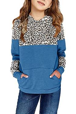 Saodimallsu Mädchen Casual Langarm Kapuzenpullover Kind Leopardenmuster Pullover Sport Oversized Sweatshirt mit Kapuze Blau 130 von Saodimallsu