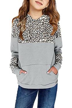 Saodimallsu Mädchen Casual Langarm Kapuzenpullover Kind Leopardenmuster Pullover Sport Oversized Sweatshirt mit Kapuze Grau 150 von Saodimallsu