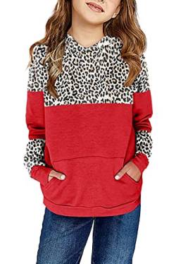 Saodimallsu Mädchen Casual Langarm Kapuzenpullover Kind Leopardenmuster Pullover Sport Oversized Sweatshirt mit Kapuze Rot 110 von Saodimallsu