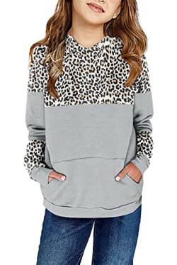 Saodimallsu Mädchen Cute Pullover Leopardenmuster Sweatshirt mit Kapuze Casual Langarm Känguru Tasche Kind Kapuzenpullover Grau 120 von Saodimallsu