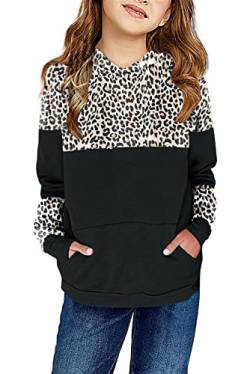 Saodimallsu Mädchen Cute Sweatshirt mit Kapuze Langärmelig Leopardenmuster Kapuzenpullover Rundhals Känguru Tasche Girls Hoodies Schwarz 160 von Saodimallsu
