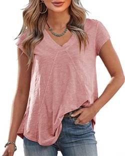 Saodimallsu T-Shirts für Damen mit V-Ausschnitt Sommer Einfarbig Oberteile Elegant Kurze Ärmel Casual Tops Rosa Klein von Saodimallsu