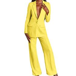 Saoidnier Blazer Anzug 2-teiliges Set für Damen Elegante Business Office Outfits Langarm Einfarbig Anzug (Gelb, L) von Saoidnier
