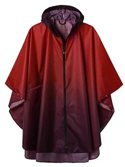 Regen Poncho Jacke Mantel für Erwachsene mit Kapuze wasserdicht mit Reißverschluss im Freien, Rot+Violett von SaphiRose PONCHO