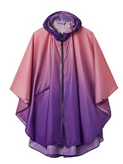 Regenponcho Damen Herren Wasserdichte, Regencape mit Kapuze Reißverschluss, Regenmantel Damen Wiederverwendbar, Regenponcho Fahrrad Wandern, Regenjacke Damen Leicht Farbverlauf Rosa-lila von SaphiRose PONCHO