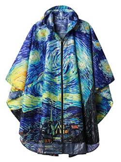 Regenponcho Damen Herren Wasserdichte, Regencape mit Kapuze Reißverschluss, Regenmantel Damen Wiederverwendbar, Regenponcho Fahrrad Wandern, Regenjacke Damen Leicht Van Gogh die Sternennacht von SaphiRose PONCHO