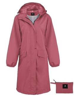 SaphiRose Lange Regenjacke für Damen, wasserdicht, leicht, mit Kapuze, Pink, M von SaphiRose