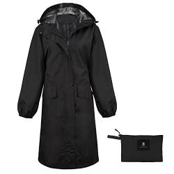 SaphiRose Lange Regenjacke für Damen, wasserdicht, leicht, mit Kapuze, Schwarz, M von SaphiRose