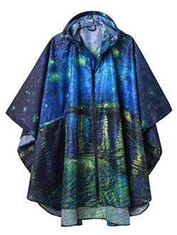 SaphiRose Regenponcho mit Kapuze für Erwachsene, Regenmantel mit Taschen, Van Gogh Sternennacht über der Rhone, Einheitsgröße von SaphiRose