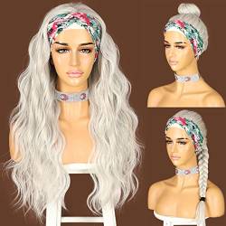 Sapphirewigs Body Wave Stirnband Perücke Grau Synthetische Lange Gewellte Perücke für Frauen Glueless Perücken Natürlich aussehend 150% Dichte 26inch von Sapphirewigs