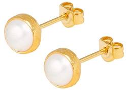 SARAH BOSMAN Damen Ohrringe Gold Plate Pearl - Ohrstecker Runde Platte Silber vergoldet eingefasste weiße Perle - SAB-E26WHIPEAg von Sarah Bosman