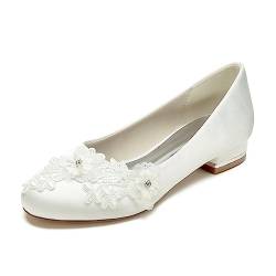 Damen Spitze Blume Brautschuhe Ballett Slip On Flats Point Toe Ballerina Schuhe Brautjungfer Schuhe 2,5 cm,Elfenbein,41 EU von SarueL