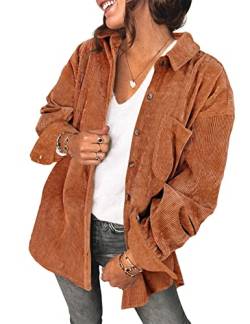 Saslax Damen Cord-Hemd, langärmelig, übergroß, Knopfleiste, V-Ausschnitt, Blusen, Tops, lockere Shacket-Jacke, A-burnt Oranage, Mittel von Saslax