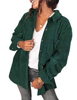 Saslax Damen Cordhemd Langarm Oversize Knopfleiste V-Ausschnitt Blusen Tops Lose Casual Jacke mit Taschen, A-grün, Groß von Saslax
