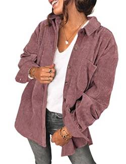 Saslax Damen Cordhemd Langarm Oversize Knopfleiste V-Ausschnitt Blusen Tops Lose Shacket Jacke, A-mauve, Mittel von Saslax