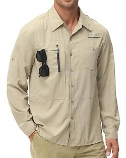 Herren UPF 50+ Sonnenschutz Angeln Shirts Langarm Leicht Wandern Reisen Arbeit Button Down Hemd Reißverschlusstasche, Khaki, L von Satankud
