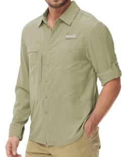 Herren UPF 50+ Sonnenschutz Angeln Shirts Langarm Leicht Wandern Reisen Arbeit Button Down Hemd Reißverschlusstasche, Salbeigrün, XL von Satankud
