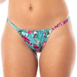 Satin Tanga Bikini Briefs Unterwäsche Höschen (Blumenmuster Türkis und Rosa, XL) von Satini