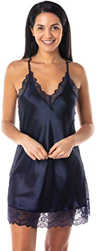 Satini Dessous Satin Spitze Hemdchen Nachthemd Unterkleid Schlafwäsche Nachtwäsche (Nachtblau, L) von Satini