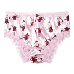 Satini Satin Gerüschte Spitze Sissy French Knickers Slips Höschen Unterwäsche (Zartrosa - rote Rosen, M) von Satini